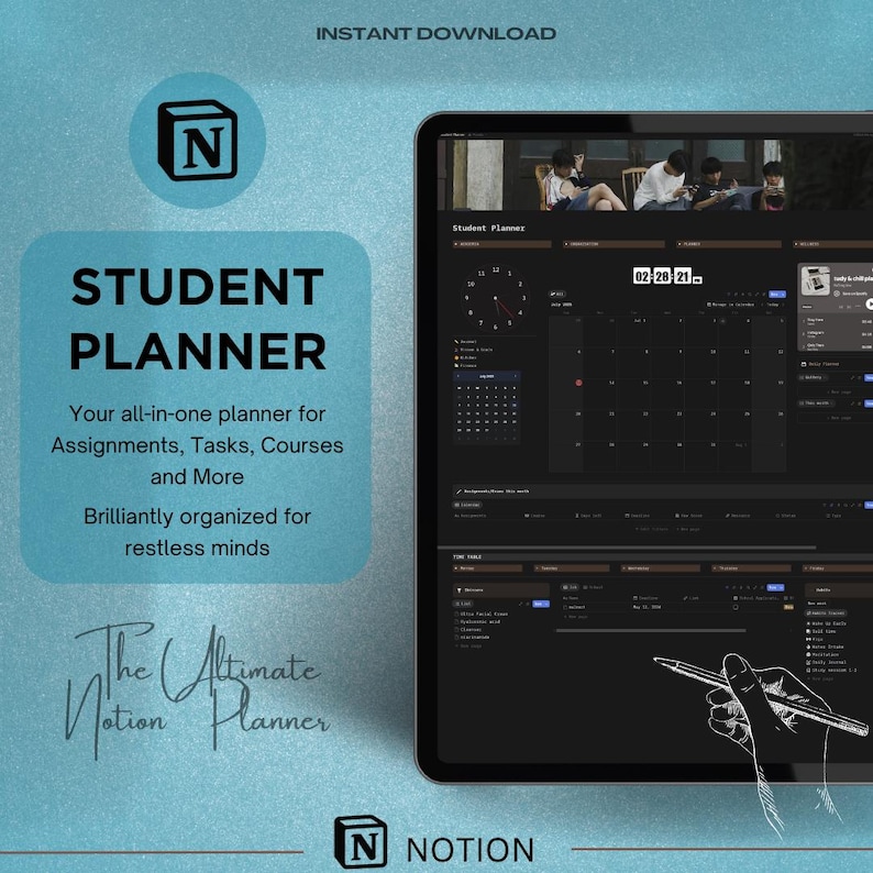 May include: A digital student planner displayed on a tablet. The planner interface is dark with a calendar, clock, and task lists. The image includes the text "STUDENT PLANNER" and "INSTANT DOWNLOAD". A hand is holding a stylus.