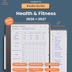 Könnte beinhalten: Ein digitaler Gesundheits- und Fitnessplaner für Kindle Scribe mit über 1500 Seiten für 2026 und 2027. Die Benutzeroberfläche enthält einen Trainingstracker mit Spalten für Cardio, Zeit, Distanz, Herzfrequenz, Kalorien sowie Übungssätze.