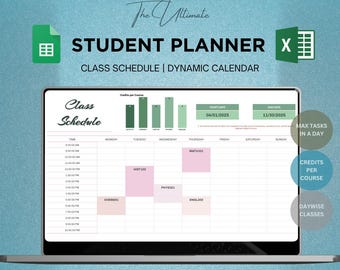 Ultimate Student Planner Spreadsheet Excel Google Sheets Dynamic Calendar & Class Schedule | Digital School Planner