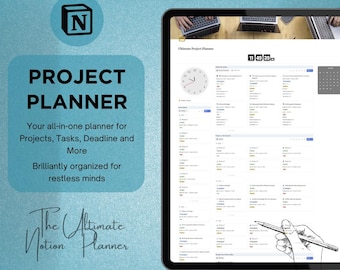 May include: Digital project planner with the text "PROJECT PLANNER" and "The Ultimate Notion Planner." The image includes a tablet displaying a project management interface, a clock, and the Notion logo.