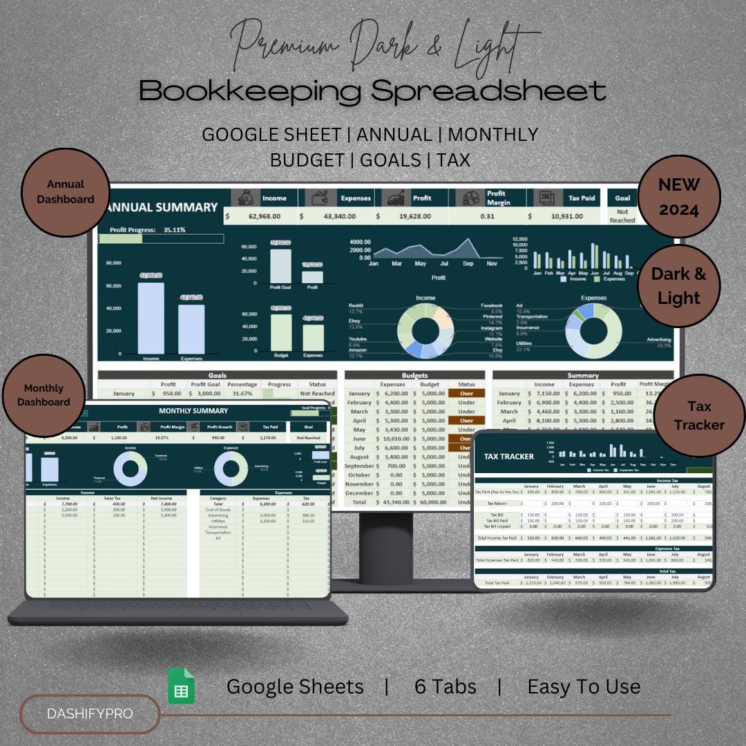 Small Business Bookkeeping Spreadsheet Google Sheets Dark & Light Mode ...