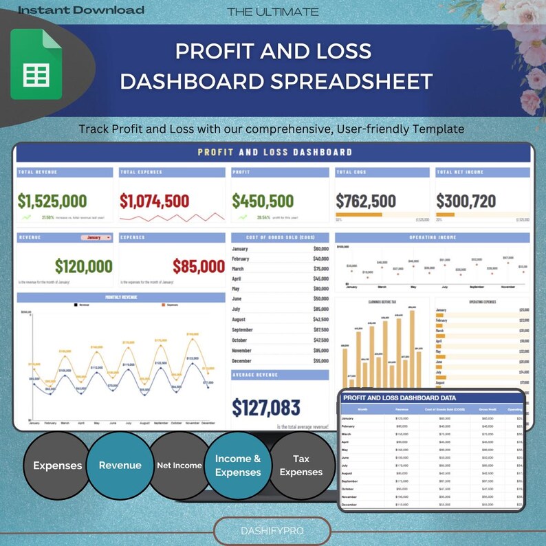 Profit and Loss Dashboard Google Sheets: P and L Statement, Profit ...