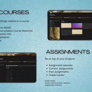 May include: A digital interface with the words "COURSES" and "ASSIGNMENTS" displayed. The "COURSES" section lists course details, syllabus, instructor info, assignments, and notes. The "ASSIGNMENTS" section includes an assignment calendar, current and past assignments, and a grade tracker.