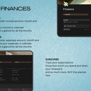 May include: A digital finance planner with sections for income, expenses, and subscription tracking. The image features text on a blue background, with screenshots of the planner's interface, including calendar views and financial goals.