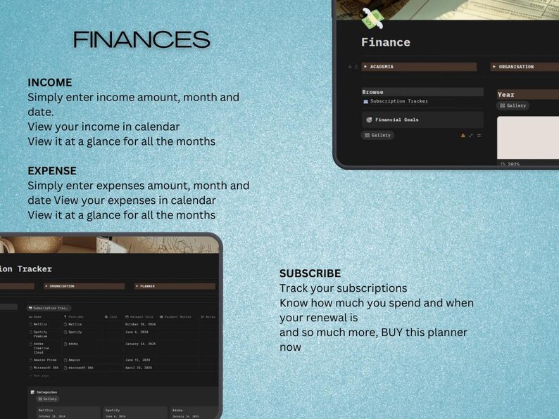 May include: A digital finance planner with sections for income, expenses, and subscription tracking. The image features text on a blue background, with screenshots of the planner's interface, including calendar views and financial goals.