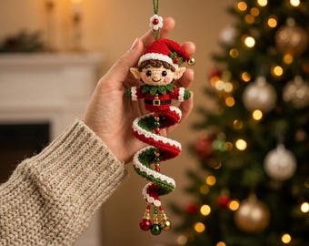 Modèle de lutin de Noël au crochet, ornement suspendu en spirale (PDF), décoration de Noël, lutin amigurumi, téléchargement numérique