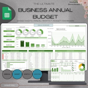 Könnte beinhalten: Eine digitale Jahresbudgetvorlage für Unternehmen für Google Sheets. Das Design umfasst Diagramme, Grafiken und Finanzübersichten. Die Vorlage bietet Abschnitte für die jährliche, monatliche und Budgetverfolgung.