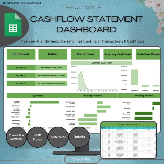 Cash Flow Statement with Dashboard Template | Googlesheets | Transaction Summary | Cashflow Statement