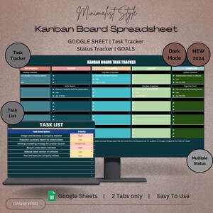 Peut inclure: Un modèle de feuille de calcul de tableau Kanban numérique pour la gestion des tâches. Le modèle est conçu dans un style minimaliste avec une option de mode sombre. La feuille de calcul comporte deux onglets : "Suivi des tâches" et "Liste des tâches". L'onglet "Suivi des tâches" comporte des colonnes pour "Non commencé", "En attente", "En cours", "Retardé" et "Terminé". L'onglet "Liste des tâches" comporte des colonnes pour "Description de la tâche", "Priorité" et "Statut".
