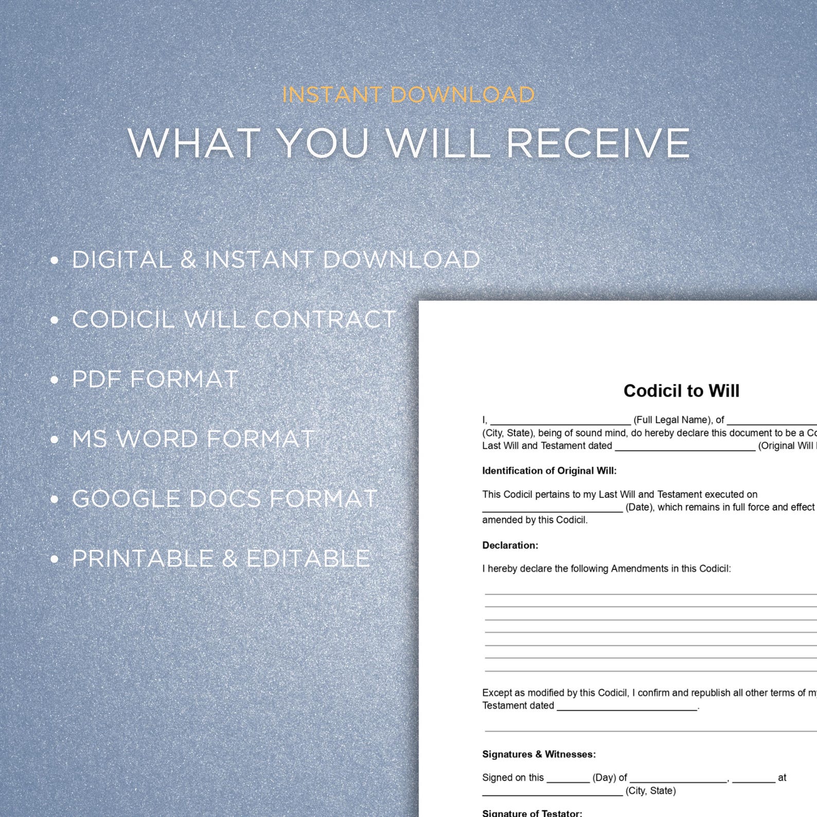 Kodicel Codicil to Will Contract Template | Last Will Amendment Form | Editable ...