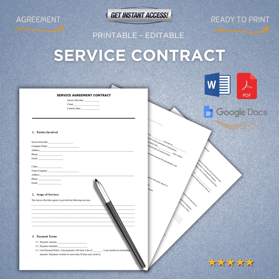 Service Contract Template | Business Agreement Form | Editable PDF, MS ...