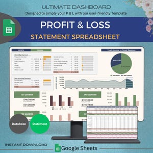 May include: A computer screen displaying a Google Sheets spreadsheet with a profit and loss statement. The spreadsheet includes a chart showing monthly income and expenses, a table with a list of expenses, and a pie chart showing yearly income versus expenses. The spreadsheet is titled "Profit & Loss Statement Spreadsheet".