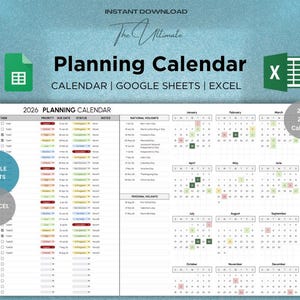 May include: Digital planning calendar for 2026 and 2027, available for Google Sheets and Excel. The image features a calendar layout with task lists, national holidays, and monthly calendars. The title "Planning Calendar" is displayed prominently.