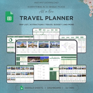 May include: A digital travel planner template for Google Sheets with 11 tabs, including a dashboard, trip list, attractions, and travel budget. The template features a green and white color scheme and includes images of various travel destinations.