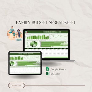Könnte beinhalten: Eine digitale Tabellenkalkulation für die Familienbudgetierung, angezeigt auf einem Laptop und einem Tablet. Die Tabellenkalkulation enthält Diagramme, Grafiken und Tabellen, um Einnahmen und Ausgaben zu verfolgen. Die Tabellenkalkulation ist kompatibel mit Google Sheets und MS Excel. Der Text "FAMILY BUDGET PLANNER" wird auf der Tabellenkalkulation angezeigt.