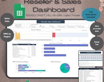 Reseller Sales and Inventory Spreadsheet Business Tracker for Google Sheets | MRR by Region | Sales Data | New accounts