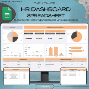 Op de afbeelding: Een computerscherm met een Google Sheets HR-dashboard sjabloon met grafieken en diagrammen. Het dashboard bevat statistieken voor werving, werknemersprestaties en andere HR-gegevens. De titel van het dashboard is "The Ultimate HR Dashboard Spreadsheet".