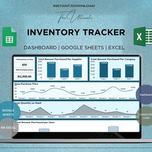 May include: A laptop screen showing an inventory tracker dashboard with data visualizations, including bar and line graphs. The screen displays the text "INVENTORY TRACKER" and options for Google Sheets and Excel. The background is a light blue gradient.