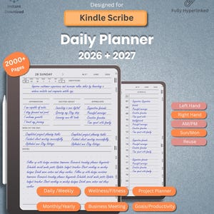 May include: Digital daily planner designed for Kindle Scribe, featuring a 2026-2027 calendar. Includes sections for daily, weekly, and monthly planning, wellness, business meetings, and goals. The planner has over 2000 pages and is fully hyperlinked.