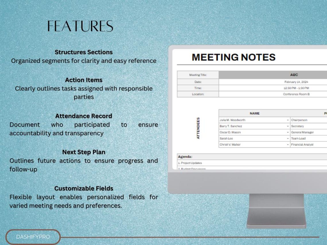 Meeting Notes Excel & Google Sheet Template | Agenda | Minutes | Action ...
