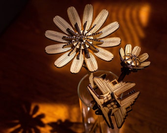 3D flower puzzle set, three unique flower designs, complete set, gift, Building kits brain teaser puzzles, Laser Cut Wood Construction Kit