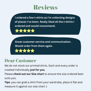 K&ouml;nnte beinhalten: Bild mit Kundenbewertungen f&uuml;r T-Shirts. Die Bewertungen sind in dunkelblauen Sprechblasen mit gelben Sternenbewertungen. Der Text enth&auml;lt positives Feedback zu den T-Shirts und zum Kundenservice. Zus&auml;tzlicher Text gibt Tipps zur Gr&ouml;&szlig;enbestimmung.