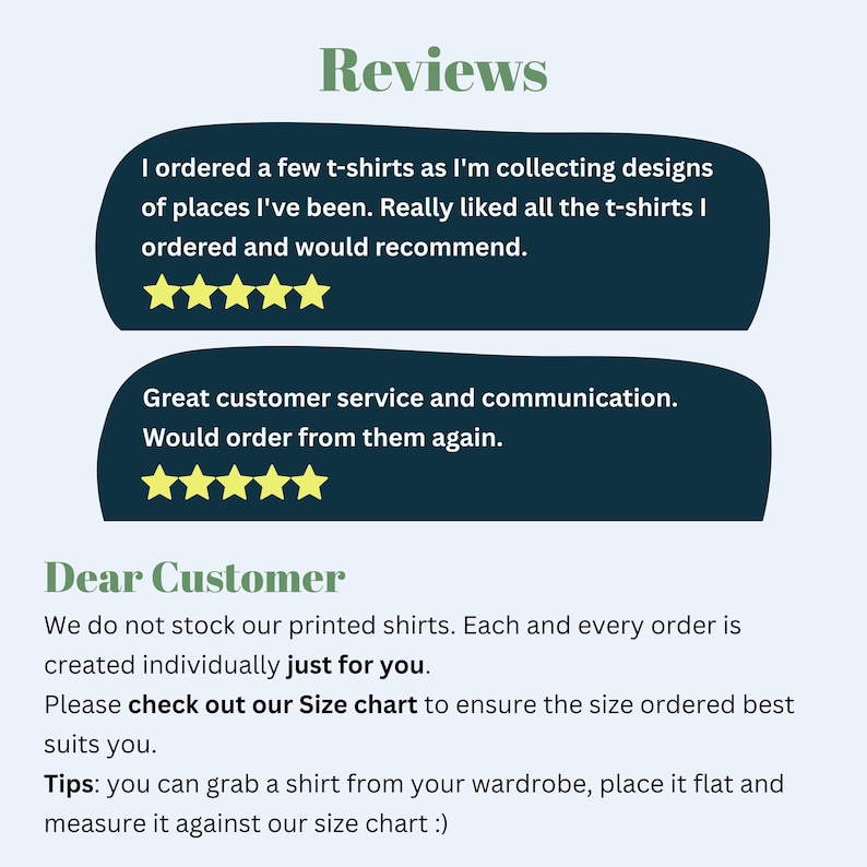K&ouml;nnte beinhalten: Bild mit Kundenbewertungen f&uuml;r T-Shirts. Die Bewertungen sind in dunkelblauen Sprechblasen mit gelben Sternenbewertungen. Der Text enth&auml;lt positives Feedback zu den T-Shirts und zum Kundenservice. Zus&auml;tzlicher Text gibt Tipps zur Gr&ouml;&szlig;enbestimmung.