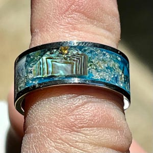 Pu&ograve; includere: Un anello d'argento con una fascia larga con un intarsio in resina turchese. L'intarsio &egrave; incastonato con conchiglia di abalone iridescente e piccole scaglie d'argento. L'anello &egrave; mostrato su un dito.