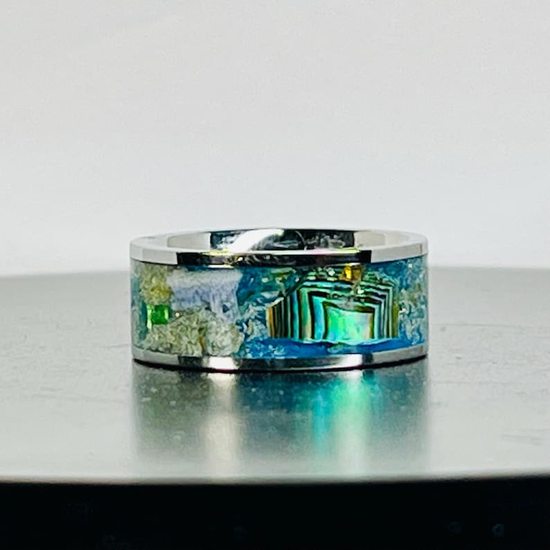 Pu&ograve; includere: Un anello d'argento con una fascia colorata e strutturata. La fascia presenta un mix di tonalit&agrave; blu, verdi e bianche, con un design geometrico iridescente centrale. L'anello &egrave; posto su uno sfondo neutro.