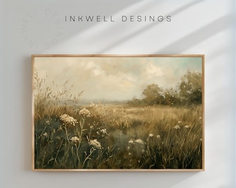 May include: A painting of a field of tall grass and wildflowers in shades of green, brown, and white. The sky is a soft blue with white clouds. The painting has a vintage, rustic feel.