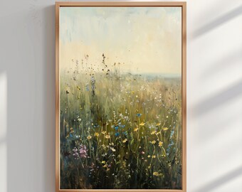 Printable Wildflower Field Landscape Oil Painting, Vintage Landscape ...