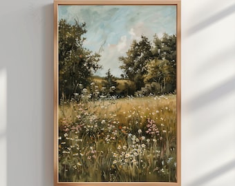 May include: A framed painting of a field of wildflowers in a meadow. The field is surrounded by trees and a blue sky with white clouds. The painting is in a light wood frame.