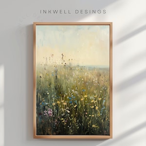 Printable Wildflower Field Landscape Oil Painting, Vintage Landscape Art Print, Country Field Wall Art Digital Download
