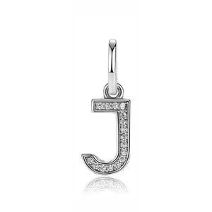 May include: A silver charm in the shape of the letter "J". The charm is embellished with small, clear crystals. It features a loop at the top for attaching to a bracelet or necklace. The charm is set against a white backdrop.