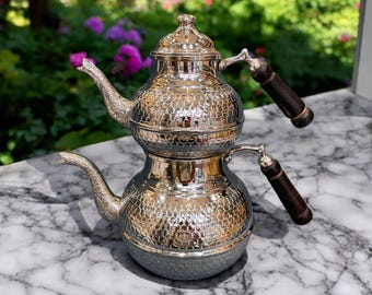 Handcrafted Copper Tea Teapot and Samovar – Traditional Ottoman Hand-Hammered/Engraved, Nickel Plated, and Tin-Lined Tea Set (Non-Whistling)