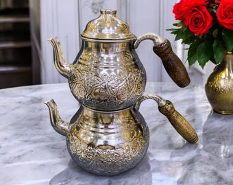 Handcrafted Copper Tea Teapot and Samovar – Traditional Ottoman Hand-Hammered/Engraved, Nickel Plated, and Tin-Lined Tea Set (Non-Whistling)
