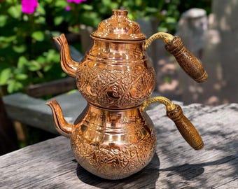 Handcrafted Copper Tea Teapot and Samovar – Traditional Ottoman Hand-Hammered/Engraved, Tin-Lined Tea Set for Brewing (Non-Whistling)