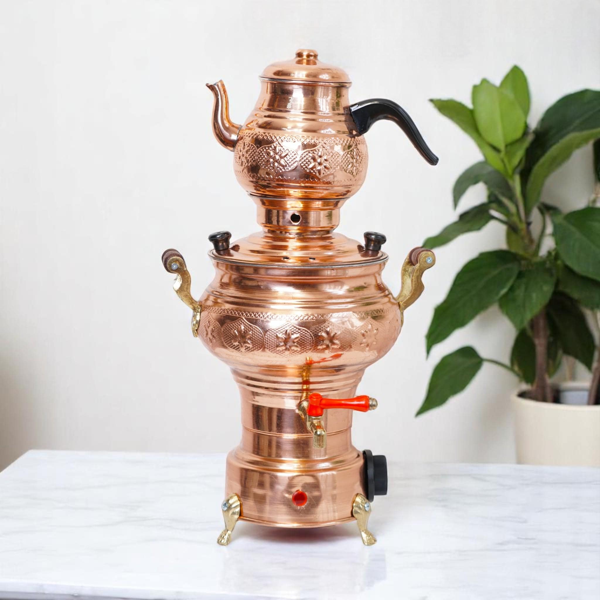 Hand-Hammered Traditional Ottoman Copper Engraved Electric Samovar & Teapot Set – 5L Water Boiler W/ 1L Tea Kettle (Tin-Lined,Non-Whistling)