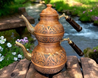 Handcrafted Copper Tea Teapot and Samovar – Traditional Ottoman Hand-Hammered/Engraved, Tin-Lined Tea Set for Brewing (Non-Whistling)