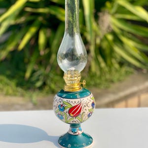 Hand-Painted Porcelain Oil Lamp – Vintage Kerosene Table Lamp, Antique Globe Lantern, Rustic Home Decor, Turkish Art Lamp - Perfect Gift