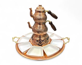 Handcrafted Ottoman Copper Tea Set with Breakfast Tray – Double Teapots, Tin-Lined, Engraved Samovar & Serving Platter (Non-Whistling)
