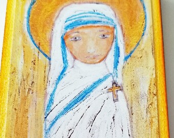 Saint Teresa -  Giclee print mounted on Wood (3 x 6 inches) Folk Art  by FLOR LARIOS