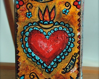 Heart Me - Frida Flaming Heart -  5 x 7 Wood Block - Folk Art  by FLOR LARIOS (5 x 7 inches)
