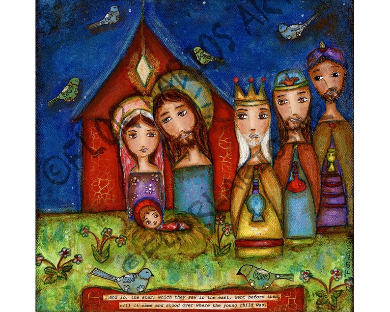 Nativity with Birds Folk Art Print 8 x 8 inches by FLOR Etsy