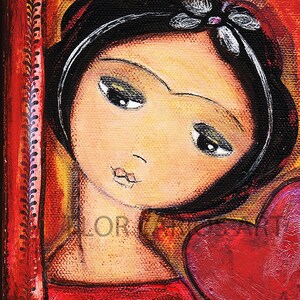 May include: A colorful painting of a woman with dark hair and a flower hair accessory. The woman is wearing a red dress and holding a red heart. The painting has a textured appearance and is framed in red.