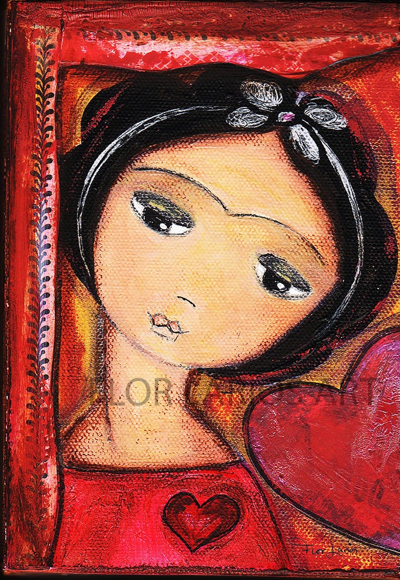 May include: A colorful painting of a woman with dark hair and a flower hair accessory. The woman is wearing a red dress and holding a red heart. The painting has a textured appearance and is framed in red.