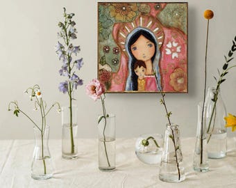 Madonna of the Flowers - Print  on Wood (4 x 4 inches) Folk Art  by FLOR LARIOS