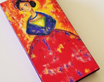 La Frida -  Giclee print mounted on Wood (3 x 6 inches) Folk Art  by FLOR LARIOS