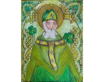 Saint Patrick - Art Mixed Media Painting 9 x 12  inches on Canvas - By FLOR LARIOS