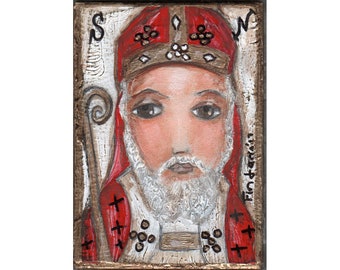 Saint Nicholas -  Giclee print mounted on Wood (6 x 8 inches) Folk Art  by FLOR LARIOS